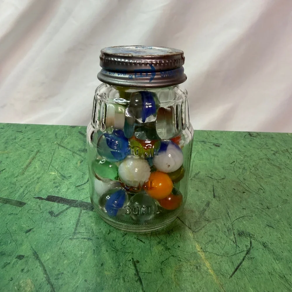Vintage Assorted Glass Marbles in 1980 Gerber Baby Food Jar Retro Collection Lot